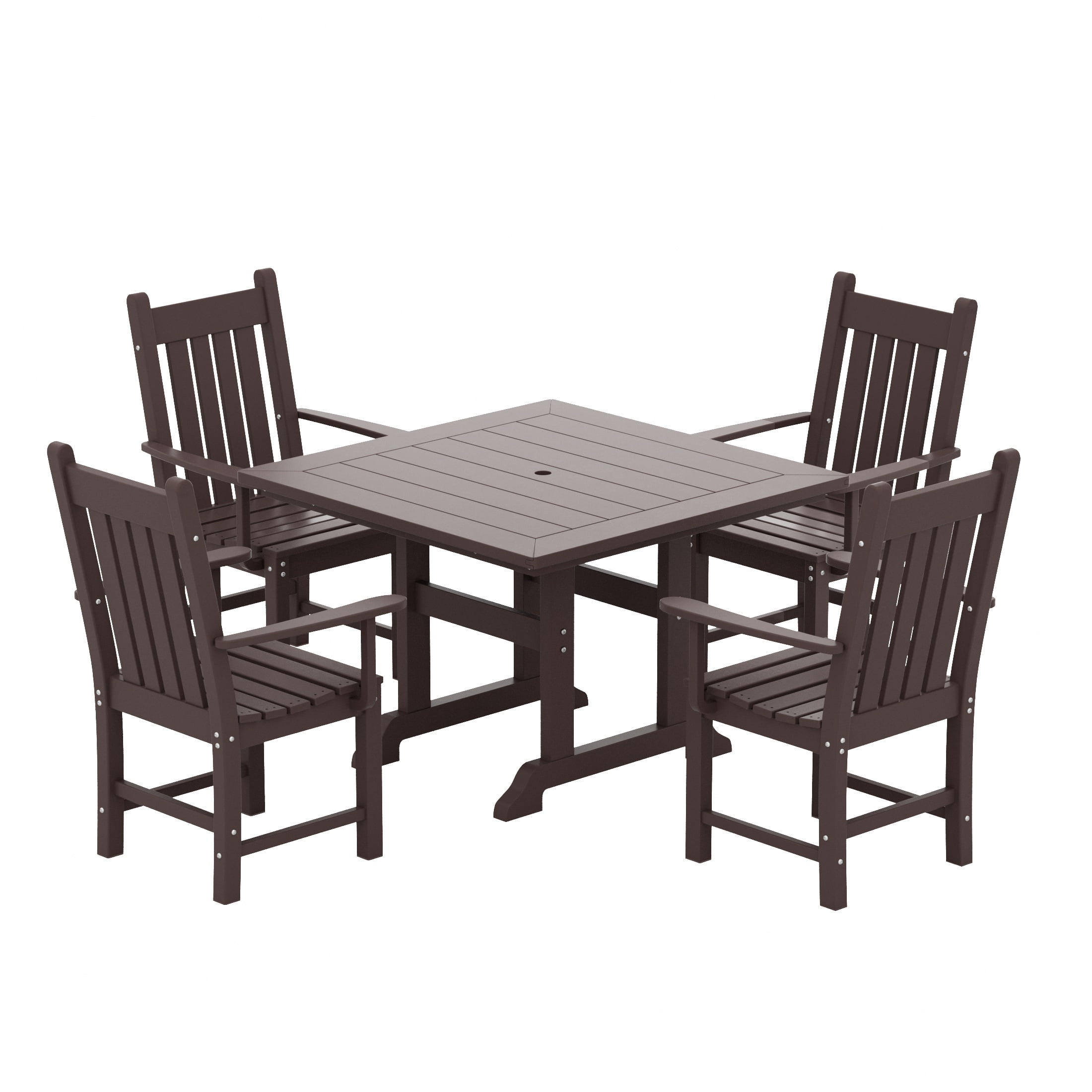 WestinTrends Malibu 5 Piece Outdoor Dining Set, All Weather Poly Lumber Patio Table and Chairs Furniture Set, 43" Square Dining Table with Umbrella Hole and 4 Arm Chairs, Dark Brown