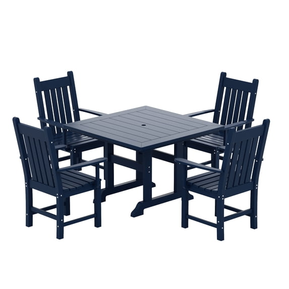 WestinTrends Malibu 5 Piece Outdoor Dining Set, All Weather Poly Lumber Patio Table and Chairs Furniture Set, 43" Square Dining Table with Umbrella Hole and 4 Arm Chairs, Navy Blue