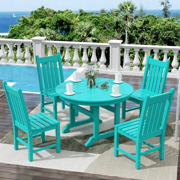 WestinTrends Malibu 5 Piece Outdoor Dining Set, All Weather Poly Lumber Patio Table and Chairs Furniture Set, 47" Round Dining Table with Umbrella Hole and 4 Dining Chairs, Turquoise