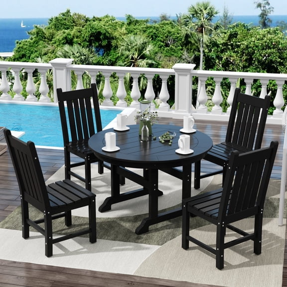 WestinTrends Malibu 5 Piece Outdoor Dining Set, All Weather Poly Lumber Patio Table and Chairs Furniture Set, 47" Round Dining Table with Umbrella Hole and 4 Dining Chairs, Black
