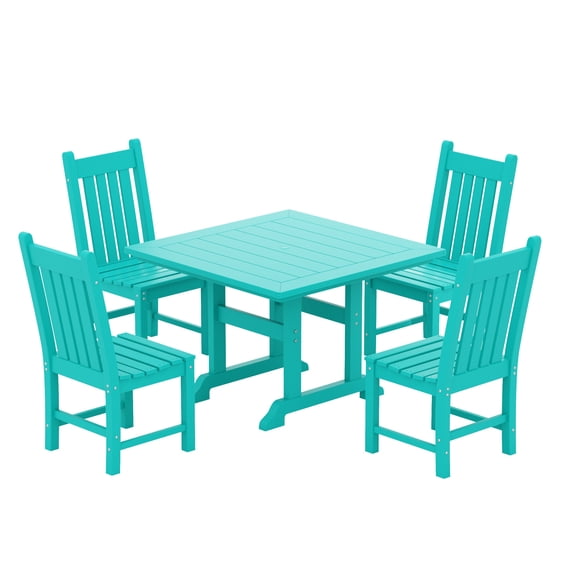WestinTrends Malibu 5 Piece Patio Dining Set, All Weather Poly Lumber Outdoor Table and Chairs Furniture Set, 43" Square Dining Table with Umbrella Hole and 4 Dining Chairs, Turquoise