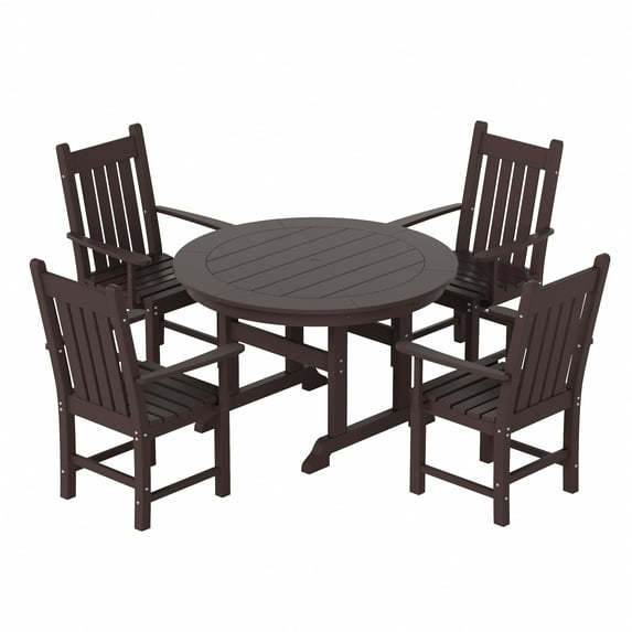 WestinTrends Malibu 5 Piece Patio Dining Set, All Weather Poly Lumber Outdoor Table and Chairs Furniture Set, 47" Round Dining Table with Umbrella Hole and 4 Arm Chairs, Dark Brown