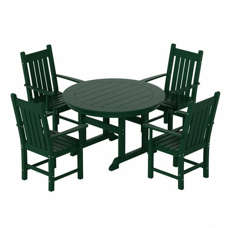 WestinTrends Malibu 5 Piece Patio Dining Set, All Weather Poly Lumber Outdoor Table and Chairs Furniture Set, 47" Round Dining Table with Umbrella Hole and 4 Arm Chairs, Dark Green