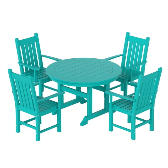 WestinTrends Malibu 5 Piece Patio Dining Set, All Weather Poly Lumber Outdoor Table and Chairs Furniture Set, 47" Round Dining Table with Umbrella Hole and 4 Arm Chairs, Turquoise