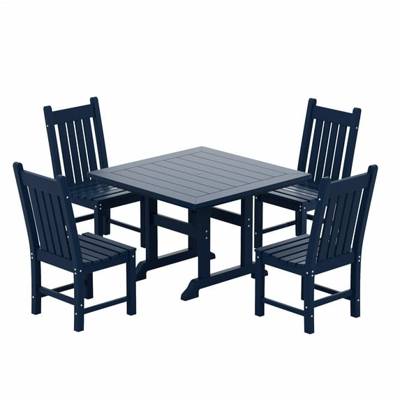 WestinTrends Malibu 5 Piece Patio Dining Set, All Weather Poly Lumber Outdoor Table and Chairs Furniture Set, 43" Square Dining Table with Umbrella Hole and 4 Dining Chairs, Navy Blue