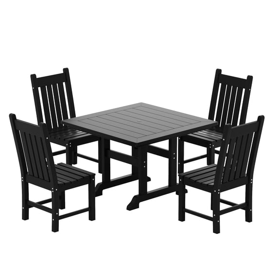WestinTrends Malibu 5 Piece Patio Dining Set, All Weather Poly Lumber Outdoor Table and Chairs Furniture Set, 43" Square Dining Table with Umbrella Hole and 4 Dining Chairs, Black