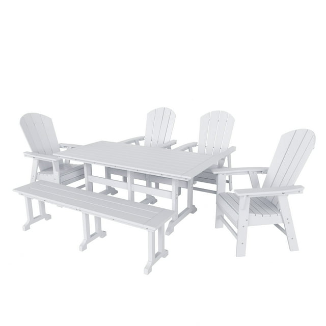 WestinTrends Malibu 6 Piece Adirondack Patio Dining Set with Bench, All Weather Poly Lumber Outdoor Table and Chairs, 71" Trestle Dining Table, 4 Adirondack Chair with Dining Bench, White