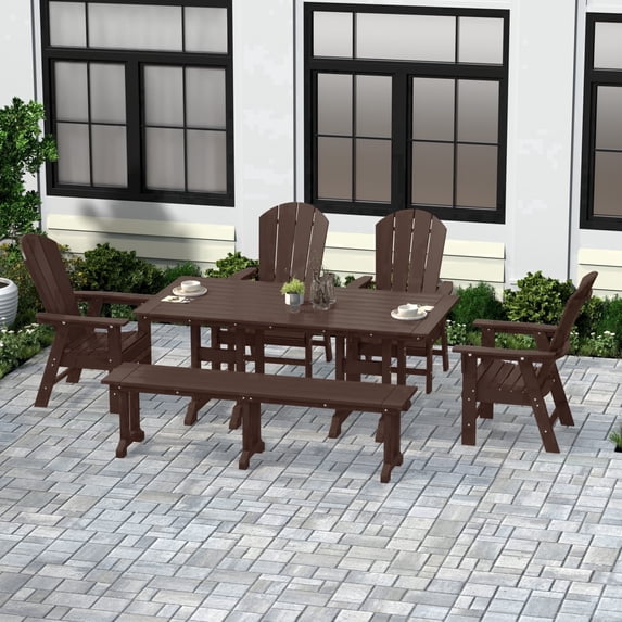 WestinTrends Malibu 6 Piece Adirondack Patio Dining Set with Bench, All Weather Poly Lumber Outdoor Table and Chairs, 71" Trestle Dining Table, 4 Adirondack Chair with Dining Bench, Dark Brown