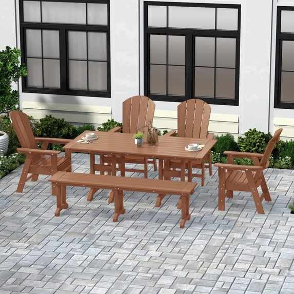 WestinTrends Malibu 6 Piece Adirondack Patio Dining Set with Bench, All Weather Poly Lumber Outdoor Table and Chairs, 71" Trestle Dining Table, 4 Adirondack Chair with Dining Bench, Teak