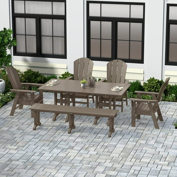 WestinTrends Malibu 6 Piece Adirondack Patio Dining Set with Bench, All Weather Poly Lumber Outdoor Table and Chairs, 71" Trestle Dining Table, 4 Adirondack Chair with Dining Bench, Weathered Wood