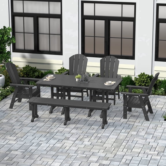 WestinTrends Malibu 6 Piece Adirondack Patio Dining Set with Bench, All Weather Poly Lumber Outdoor Table and Chairs, 71" Trestle Dining Table, 4 Adirondack Chair with Dining Bench, Gray
