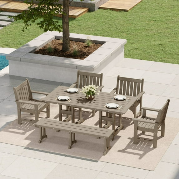 WestinTrends Malibu 6-Piece HDPE Outdoor Rectangle Dining Patio Table and Chairs Set, Weathered Wood