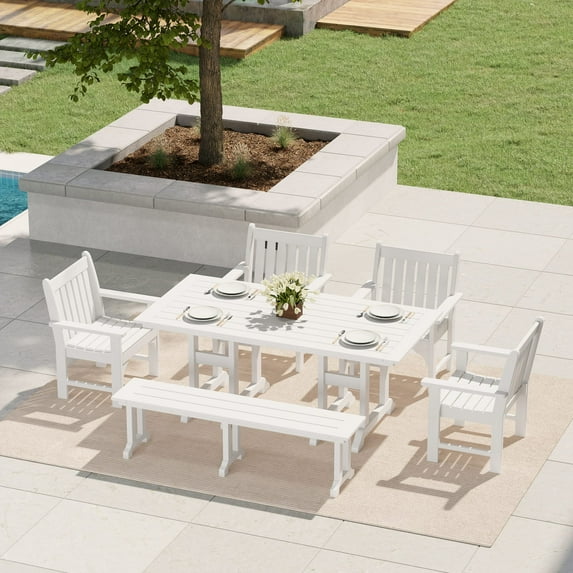 WestinTrends Malibu 6-Piece HDPE Outdoor Rectangle Dining Patio Table and Chairs Set, White