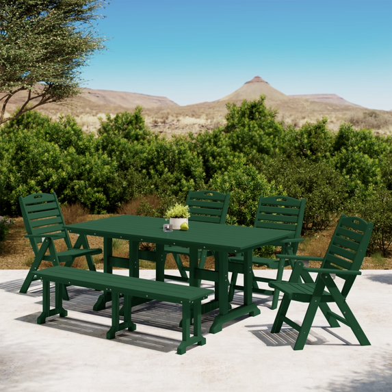 WestinTrends Malibu 6-Piece HDPE Rectangular Patio Dining Table Set with Foldable Chairs and Patio Bench, Dark Green