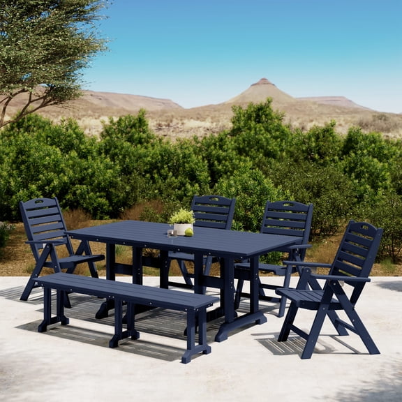 WestinTrends Malibu 6-Piece HDPE Rectangular Patio Dining Table Set with Foldable Chairs and Patio Bench, Navy Blue