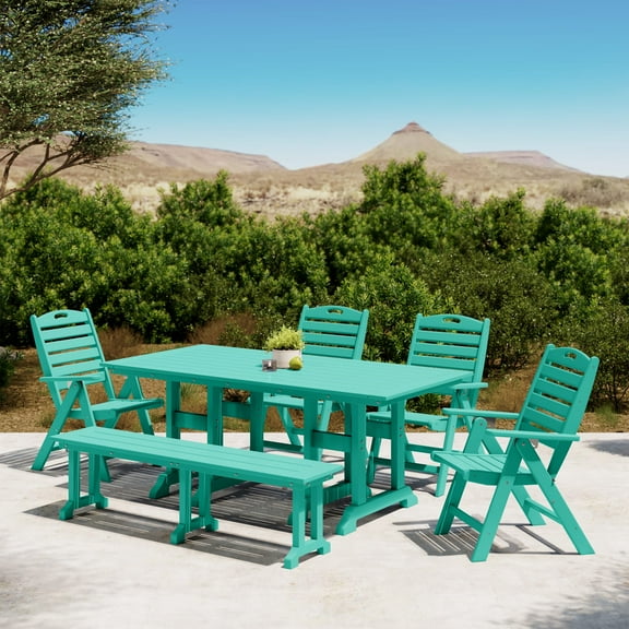 WestinTrends Malibu 6-Piece HDPE Rectangular Patio Dining Table Set with Foldable Chairs and Patio Bench, Turquoise