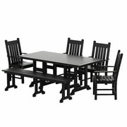 WestinTrends Malibu 6 Piece Patio Dining Set with Bench, All Weather Poly Lumber Outdoor Table and Chairs Set, 71" Trestle Dining Table with Umbrella Hole, 5 Arm Chairs with Bench, Black