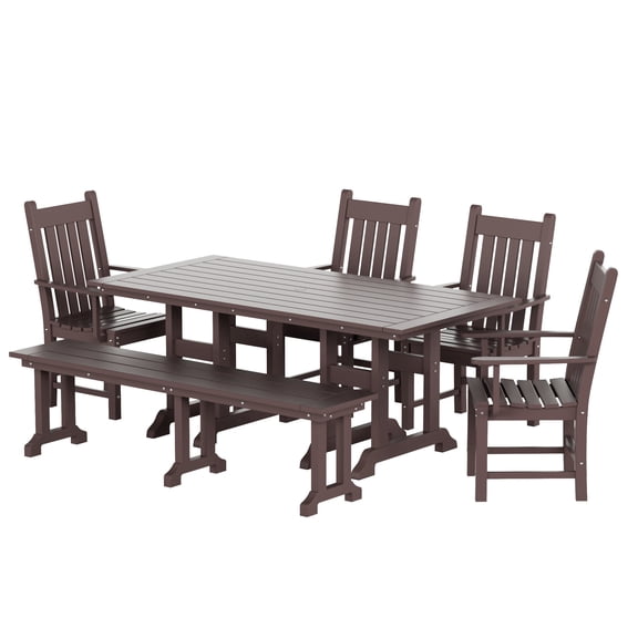 WestinTrends Malibu 6 Piece Patio Dining Set with Bench, All Weather Poly Lumber Outdoor 71" Trestle Dining Table with Umbrella Hole and 4 Chairs Set with Bench, Dark Brown