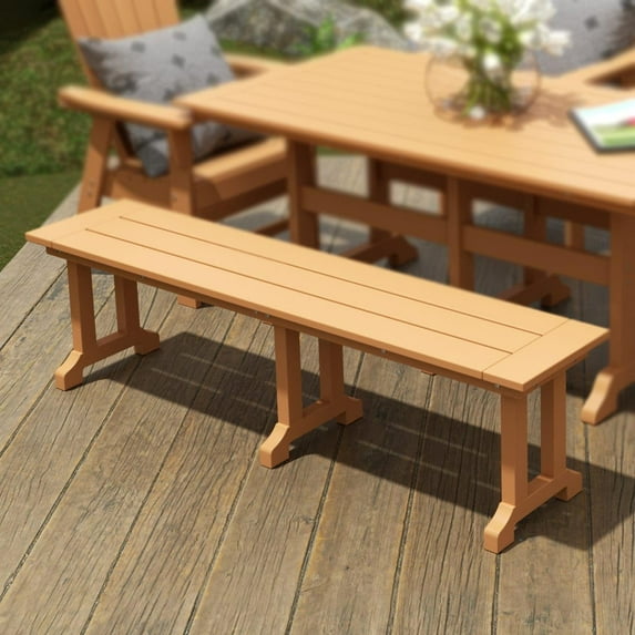 WestinTrends Malibu 65" Outdoor Dining Bench, All Weather Resistant Poly Lumber Patio Garden Bench Trestle Long Bench for Both Outdoor and Indoor, Teak