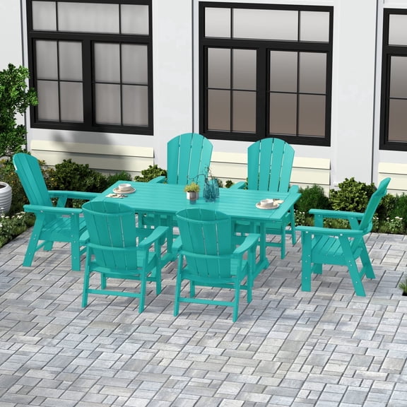 WestinTrends Malibu 7 Piece Adirondack Outdoor Dining Set, All Weather Poly Lumber Patio Table and Chairs Furniture Set, 71" Trestle Dining Table and 6 Adirondack Dining Chair, Turquoise