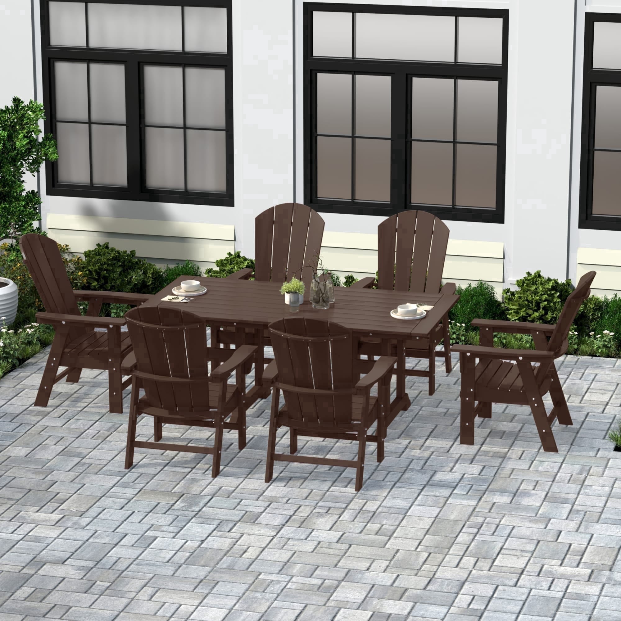 WestinTrends Malibu 7 Piece Adirondack Outdoor Dining Set, All Weather Poly Lumber Patio Table and Chairs Furniture Set, 71" Trestle Dining Table and 6 Adirondack Dining Chair, Dark Brown