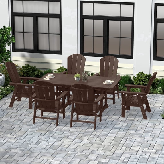 WestinTrends Malibu 7 Piece Adirondack Outdoor Dining Set, All Weather Poly Lumber Patio Table and Chairs Furniture Set, 71" Trestle Dining Table and 6 Adirondack Dining Chair, Dark Brown