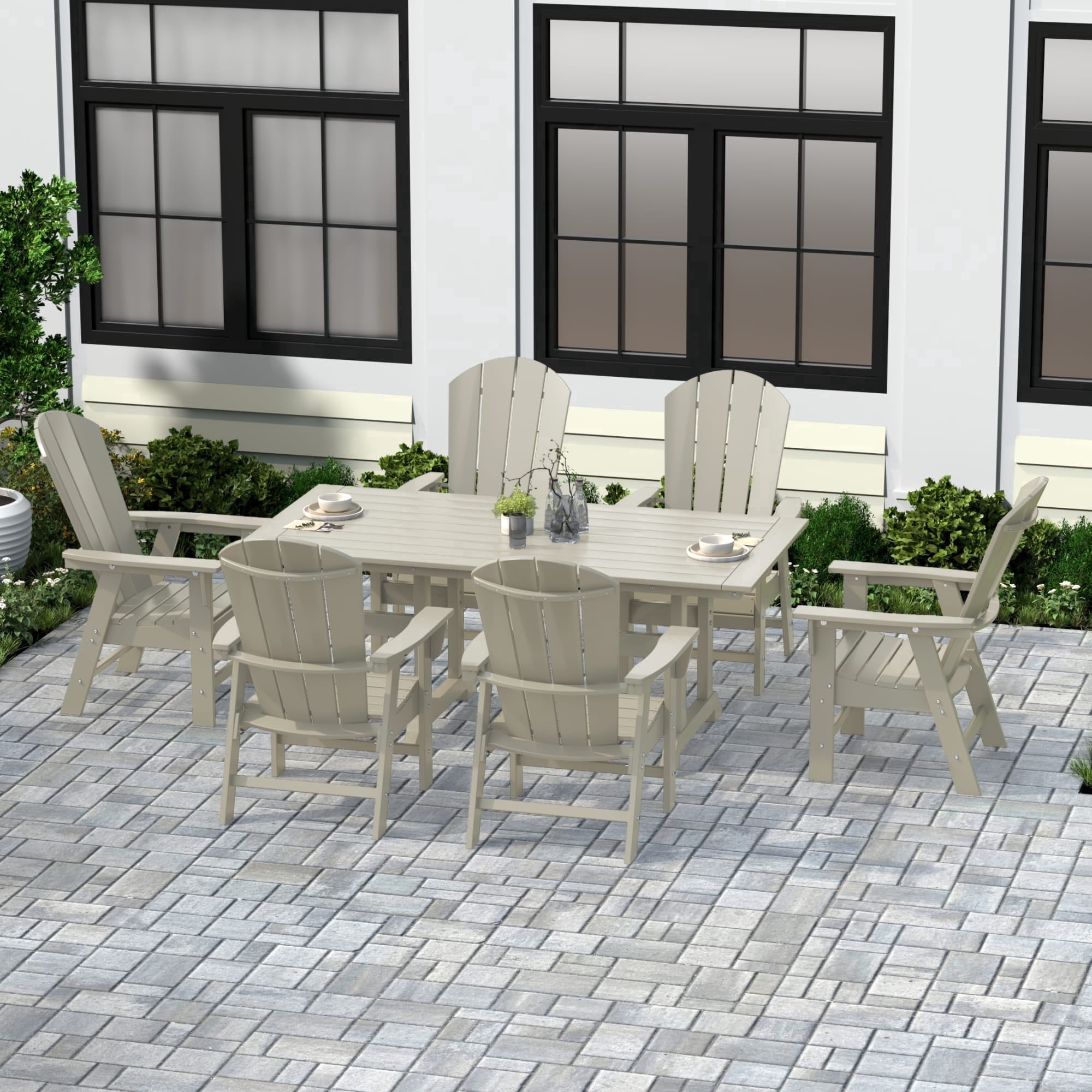 WestinTrends Malibu 7 Piece Adirondack Outdoor Dining Set, All Weather Poly Lumber Patio Table and Chairs Furniture Set, 71" Trestle Dining Table and 6 Adirondack Dining Chair, Sand