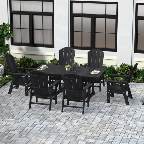 WestinTrends Malibu 7 Piece Adirondack Outdoor Dining Set, All Weather Poly Lumber Patio Table and Chairs Furniture Set, 71" Trestle Dining Table and 6 Adirondack Dining Chair, Black