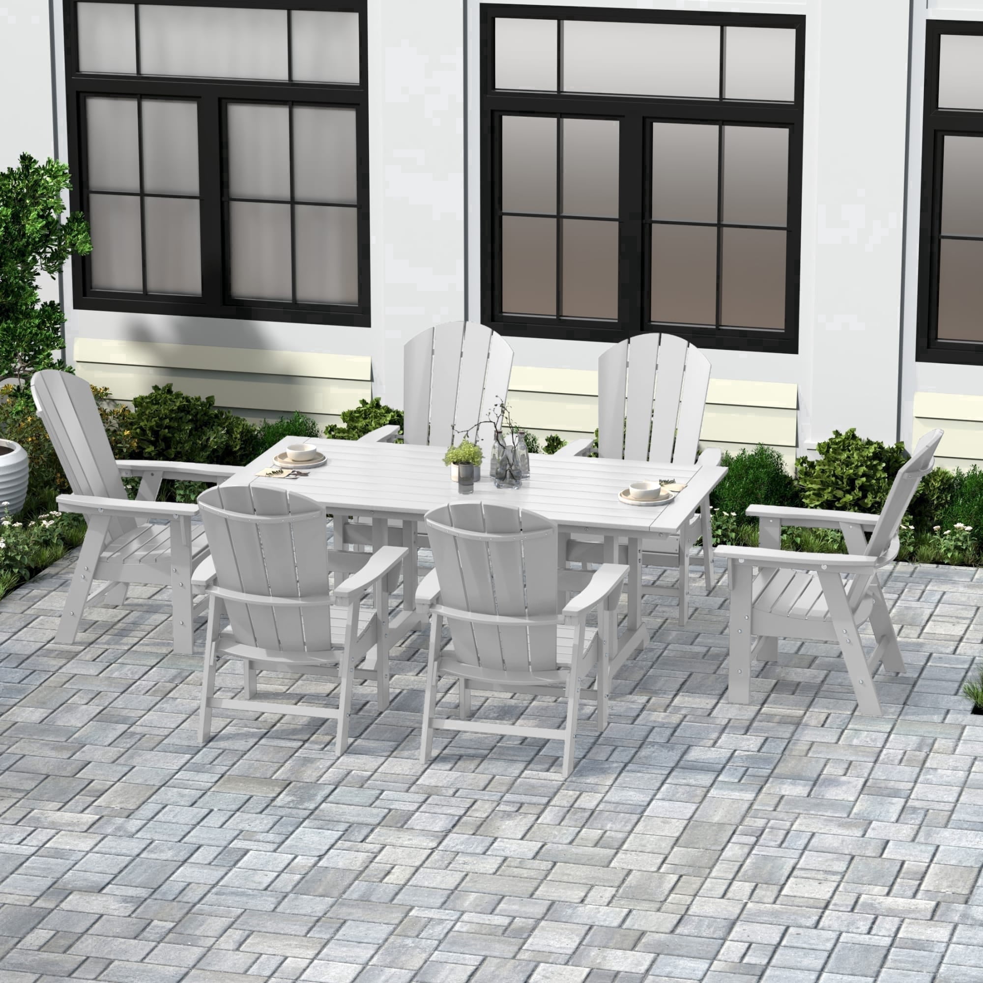 WestinTrends Malibu 7 Piece Adirondack Outdoor Dining Set, All Weather Poly Lumber Patio Table and Chairs Furniture Set, 71" Trestle Dining Table and 6 Adirondack Dining Chair, White