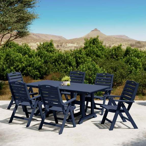 WestinTrends Malibu 7-Piece HDPE Rectangular Patio Dining Table Set with Foldable Chairs, Navy Blue