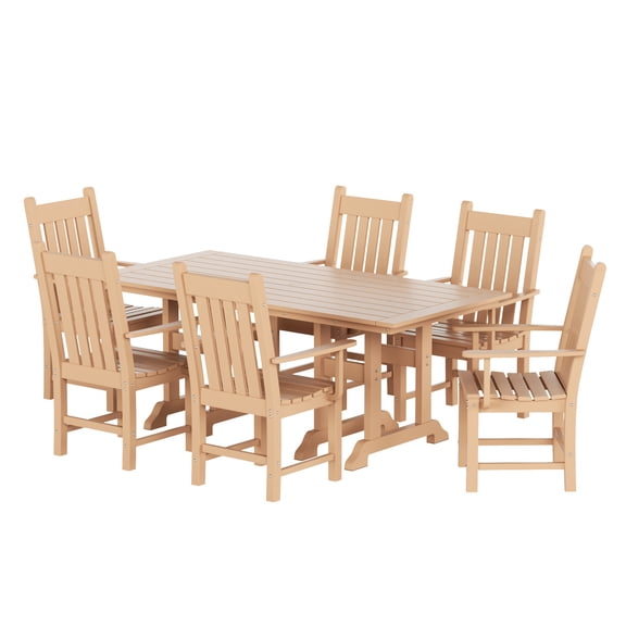 WestinTrends Malibu 7 Piece Outdoor Dining Set, All Weather Poly Lumber Patio Table and Chairs Furniture Set, 71" Trestle Dining Table with Umbrella Hole and 6 Arm Chairs, Teak