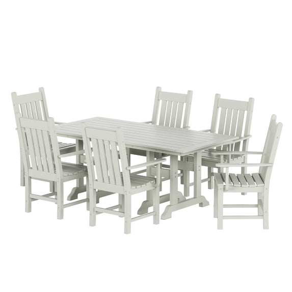 WestinTrends Malibu 7 Piece Outdoor Dining Set, All Weather Poly Lumber Patio Table and Chairs Furniture Set, 71" Trestle Dining Table with Umbrella Hole and 6 Arm Chairs, Sand