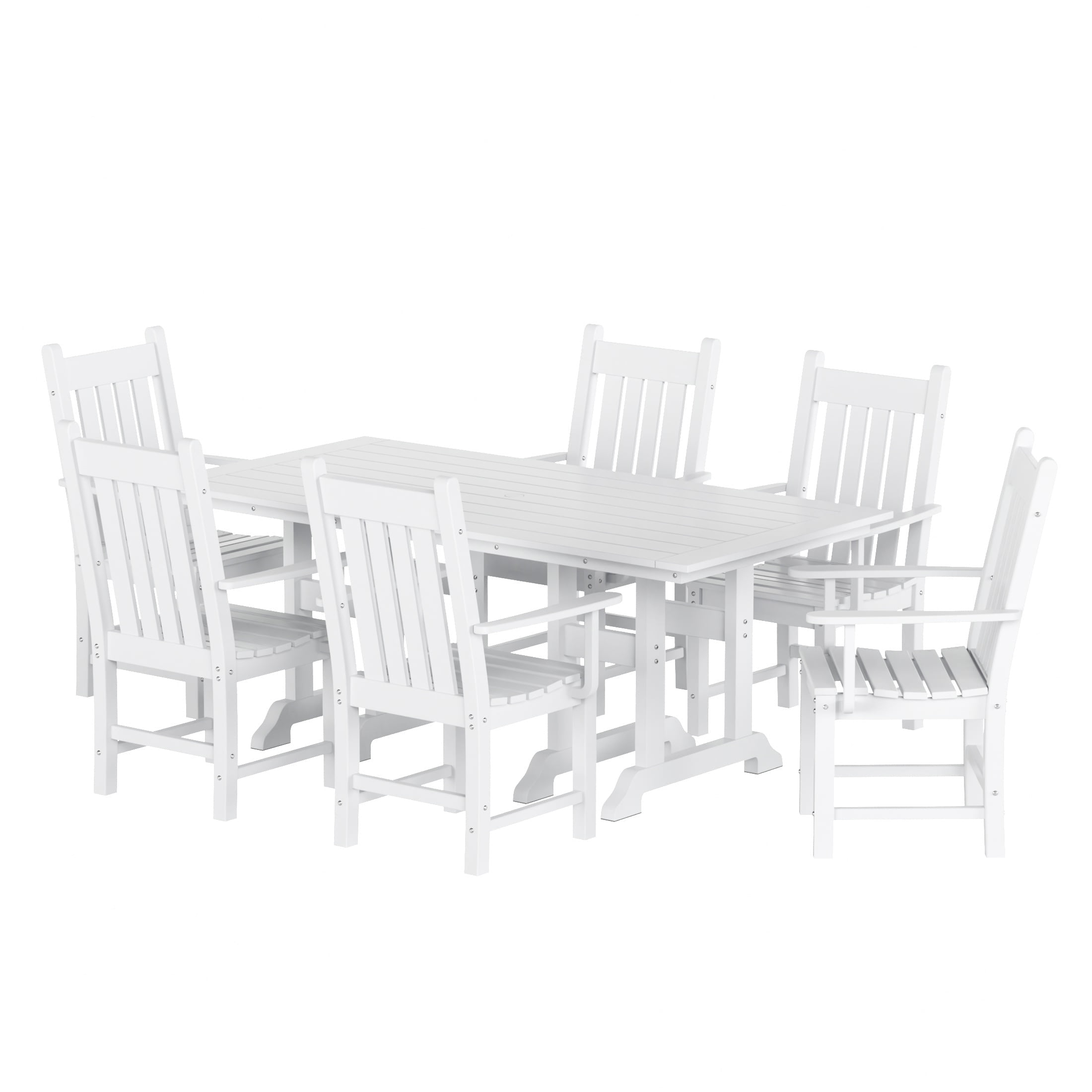 WestinTrends Malibu 7 Piece Outdoor Dining Set, All Weather Poly Lumber Patio Table and Chairs Furniture Set, 71" Trestle Dining Table with Umbrella Hole and 6 Arm Chairs, White