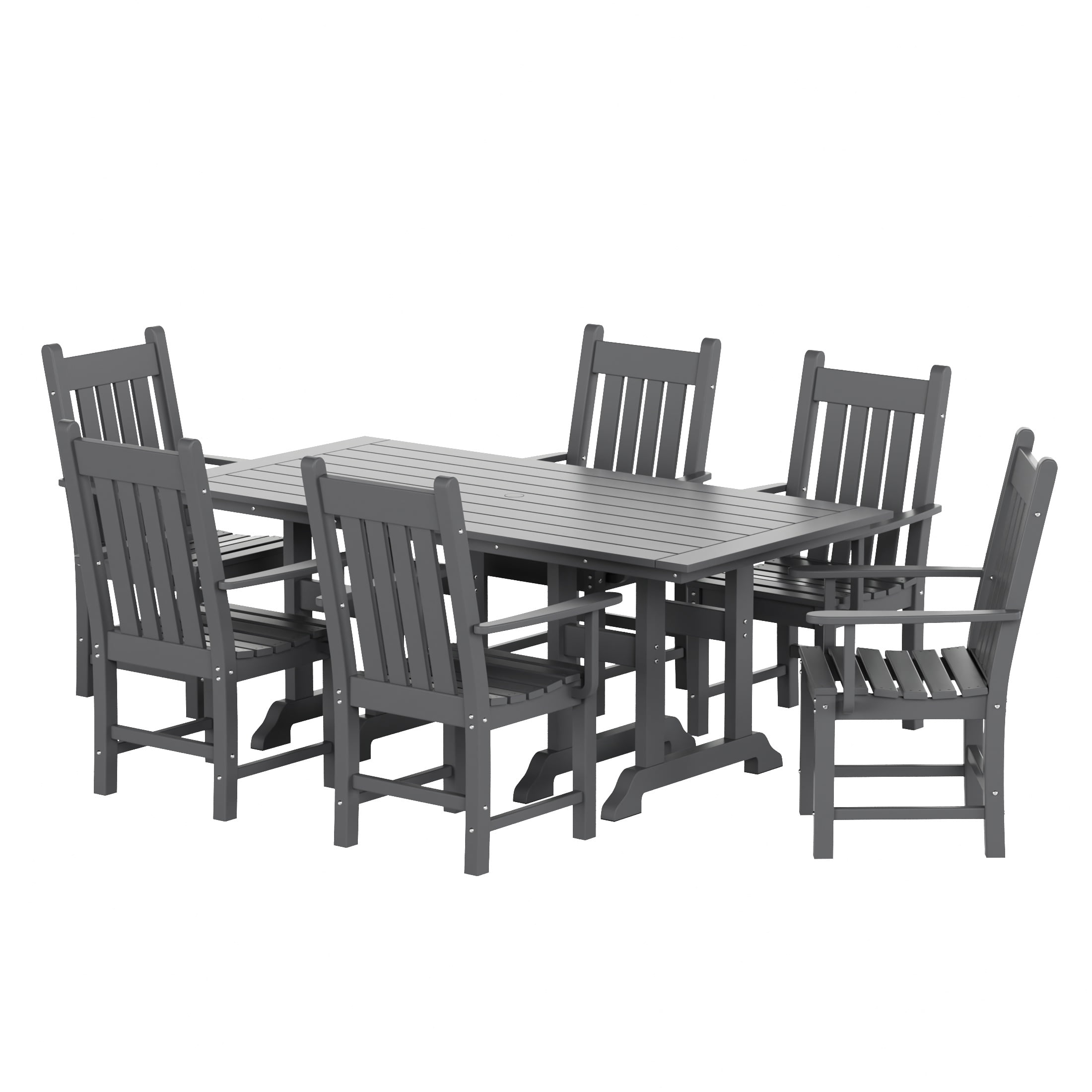 WestinTrends Malibu 7 Piece Outdoor Dining Set, All Weather Poly Lumber Patio Table and Chairs Furniture Set, 71" Trestle Dining Table with Umbrella Hole and 6 Arm Chairs, Gray