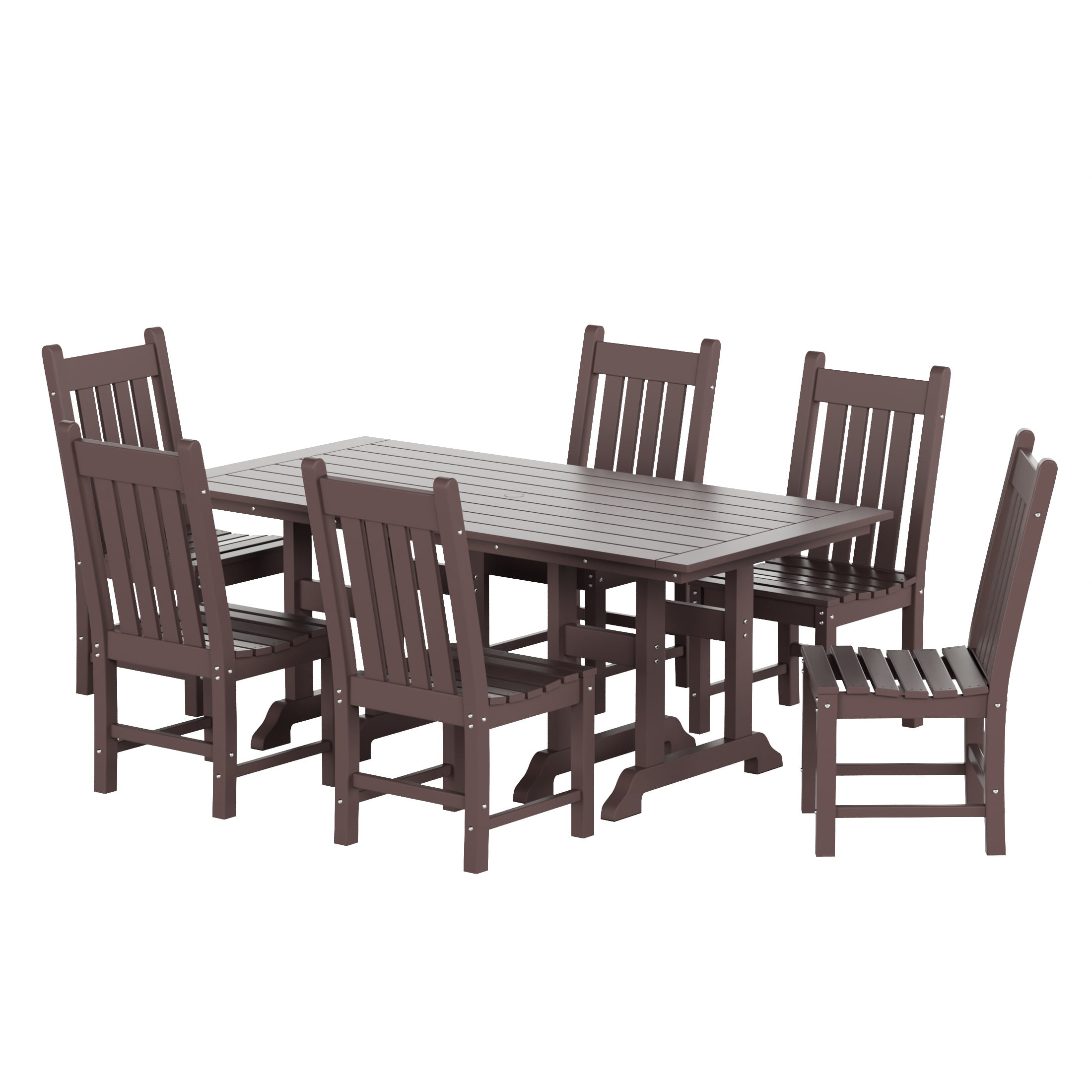 WestinTrends Malibu 7 Piece Outdoor Dining Set, All Weather Poly Lumber Patio Table and Chairs Furniture Set, 71" Trestle Dining Table with Umbrella Hole and 6 Arm Chairs, Dark Brown