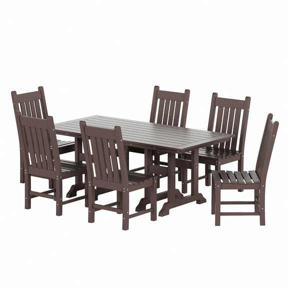 WestinTrends Malibu 7 Piece Outdoor Dining Set, All Weather Poly Lumber Patio Table and Chairs Furniture Set, 71" Trestle Dining Table with Umbrella Hole and 6 Arm Chairs, Dark Brown