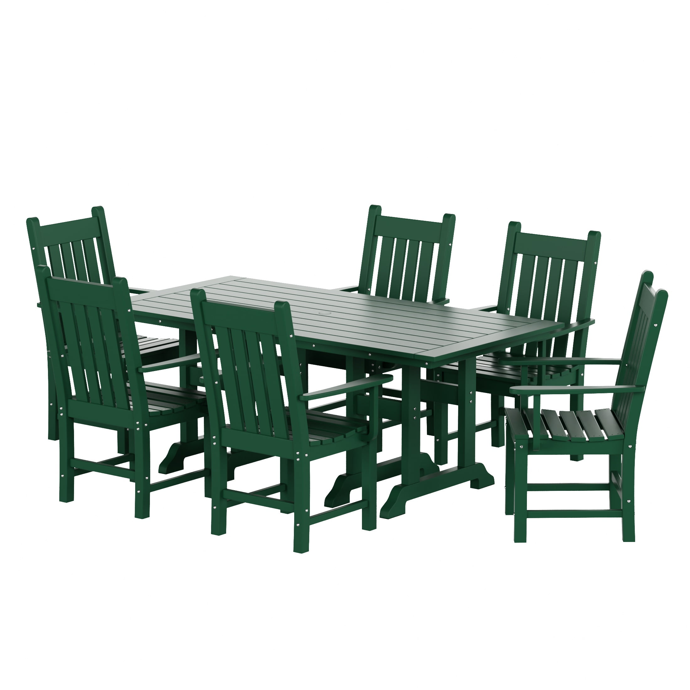 WestinTrends Malibu 7 Piece Outdoor Dining Set, All Weather Poly Lumber Patio Table and Chairs Furniture Set, 71" Trestle Dining Table with Umbrella Hole and 6 Arm Chairs, Dark Green