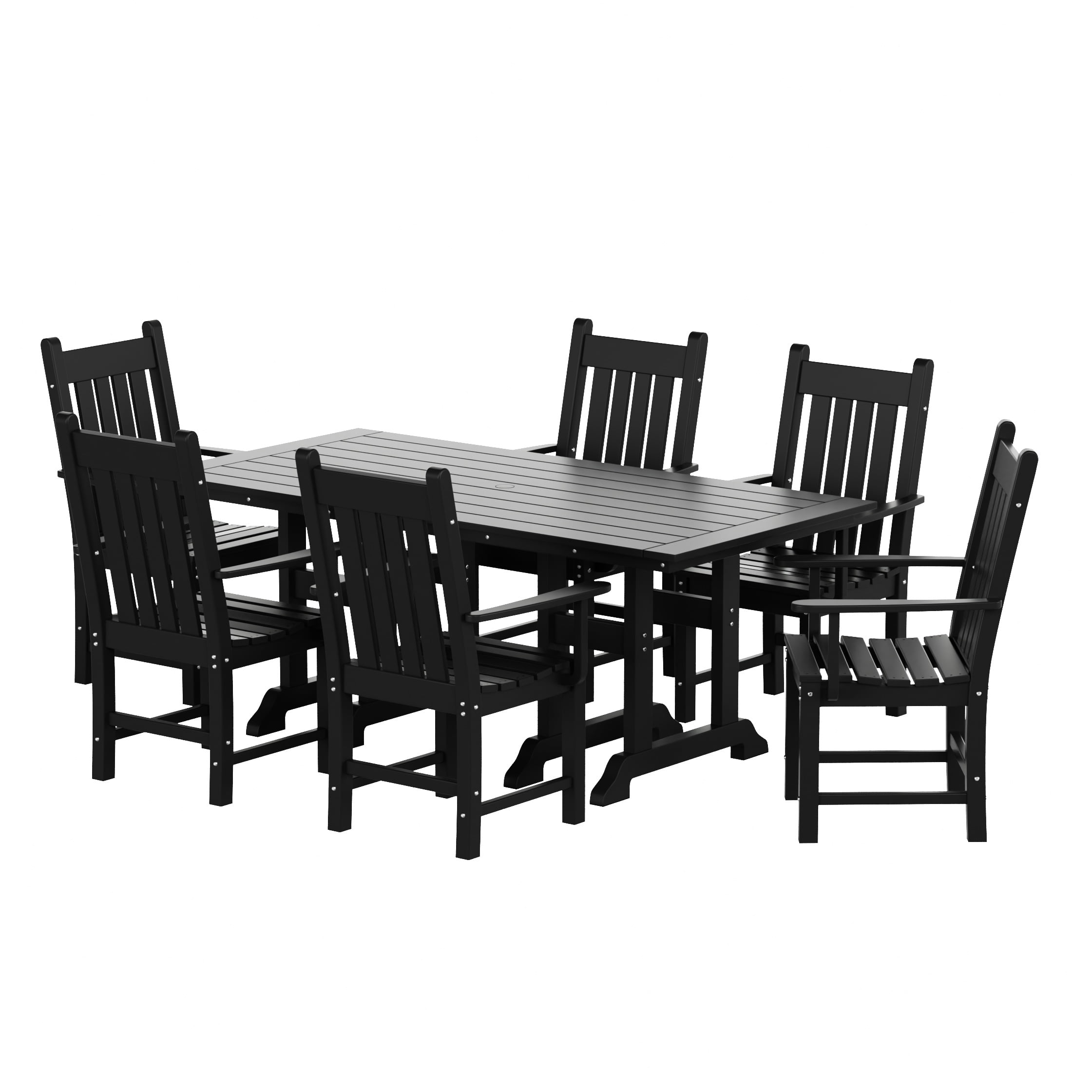 WestinTrends Malibu 7 Piece Outdoor Dining Set, All Weather Poly Lumber Patio Table and Chairs Furniture Set, 71" Trestle Dining Table with Umbrella Hole and 6 Arm Chairs, Black