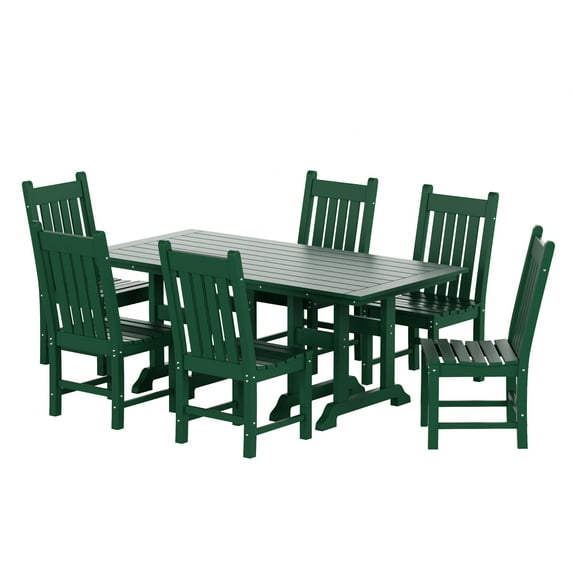 WestinTrends Malibu 7 Piece Patio Dining Set, All Weather Poly Lumber Outdoor Table and Chairs Furniture Set, 71" Trestle Dining Table with Umbrella Hole and 6 Patio Chairs, Dark Green