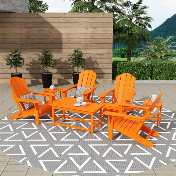 WestinTrends Malibu 7-Pieces Outdoor Patio Furniture Set, All Weather Outdoor Seating Plastic Adirondack Chair Set of 4, Coffee Table and 2 Side Table, Orange