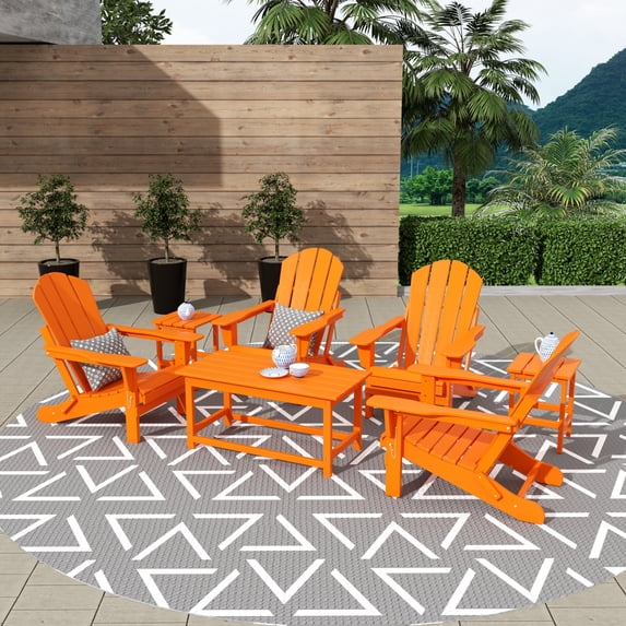 WestinTrends Malibu 7-Pieces Outdoor Patio Furniture Set, All Weather Outdoor Seating Plastic Adirondack Chair Set of 4, Coffee Table and 2 Side Table, Orange