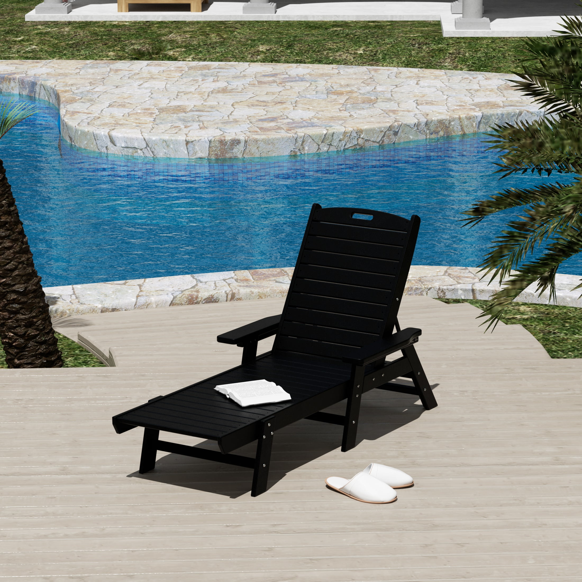 Walmart discounts of WestinTrends Malibu Black Outdoor Chaise Lounge, All-Weather Plastic Furniture, 5-Position Backrest, Patio Pool Chairs