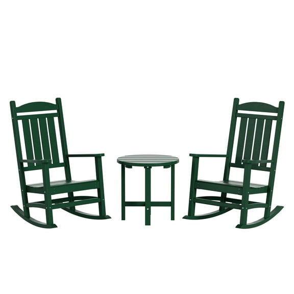WestinTrends Malibu Classic 3 Piece Outdoor Rocking Chairs Set, All Weather Poly Lumber Adirondack Rocker Bistro Set Patio Deck Porch Chairs Set of 2 with Side Table, Dark Green