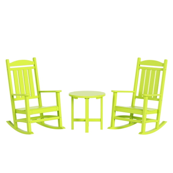 WestinTrends Malibu Classic 3 Piece Outdoor Rocking Chairs Set, All Weather Poly Lumber Adirondack Rocker Bistro Set Patio Deck Porch Chairs Set of 2 with Side Table, Lime