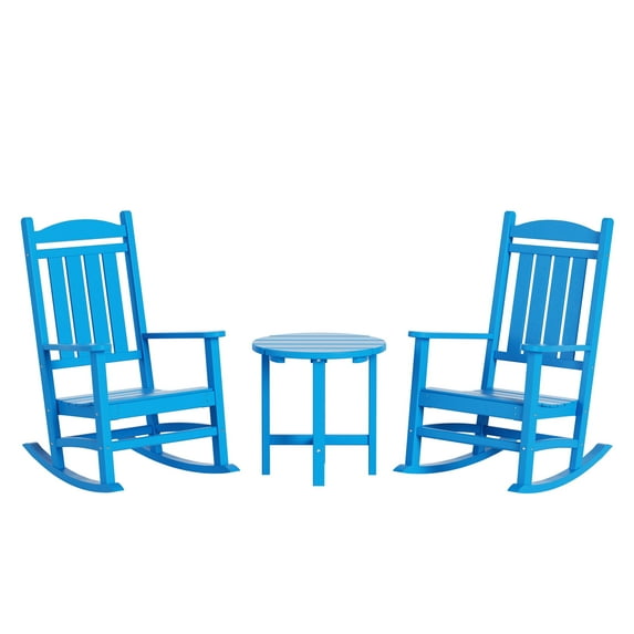 WestinTrends Malibu Classic 3 Piece Outdoor Rocking Chairs Set, All Weather Poly Lumber Adirondack Rocker Bistro Set Patio Deck Porch Chairs Set of 2 with Side Table, Pacific Blue