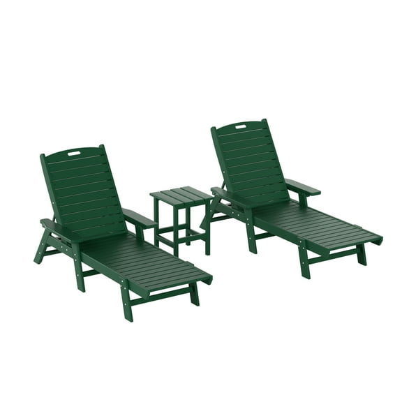 WestinTrends Malibu Double Chaise Lounge with Side Table, All Weather Poly Lumber Outdoor Chaise Lounge Chairs with 5 Posistions Backrest, Dark Green