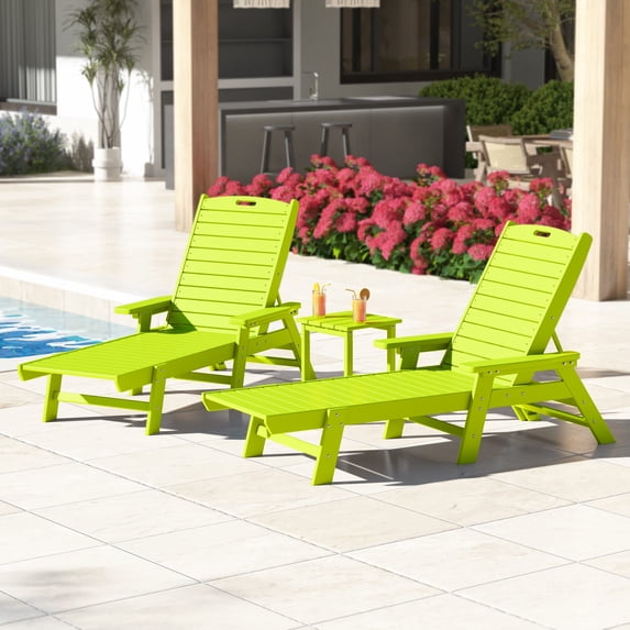WestinTrends Malibu 3-Piece Outdoor Chaise Lounge Set with Side Table, All-Weather Poly Lumber, 5-Position Backrest, Lawn Pool Patio Furniture, Lime Green