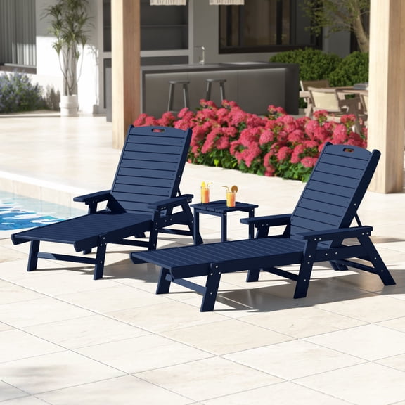 WestinTrends Malibu 3-Piece Outdoor Chaise Lounge Set with Side Table, All-Weather Poly Lumber, 5-Position Backrest, Lawn Pool Patio Furniture, Navy Blue