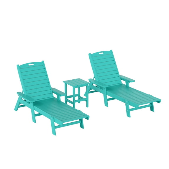 WestinTrends Malibu Double Chaise Lounge with Side Table, All Weather Poly Lumber Outdoor Chaise Lounge Chairs with 5 Posistions Backrest, Turquoise