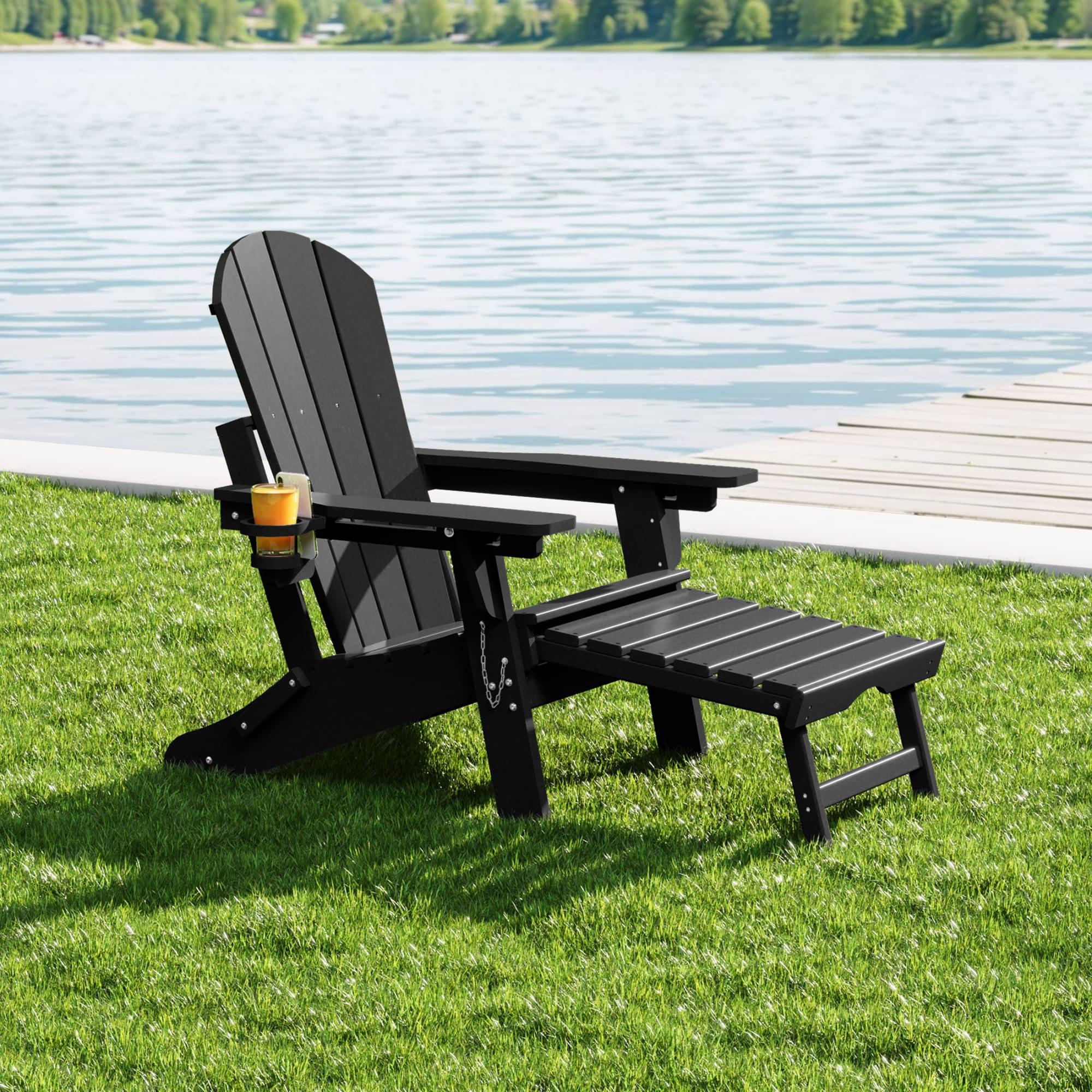 WestinTrends Malibu Folding Adjustable Adirondack Chair with Retractable Ottoman and Cup Holder, Black